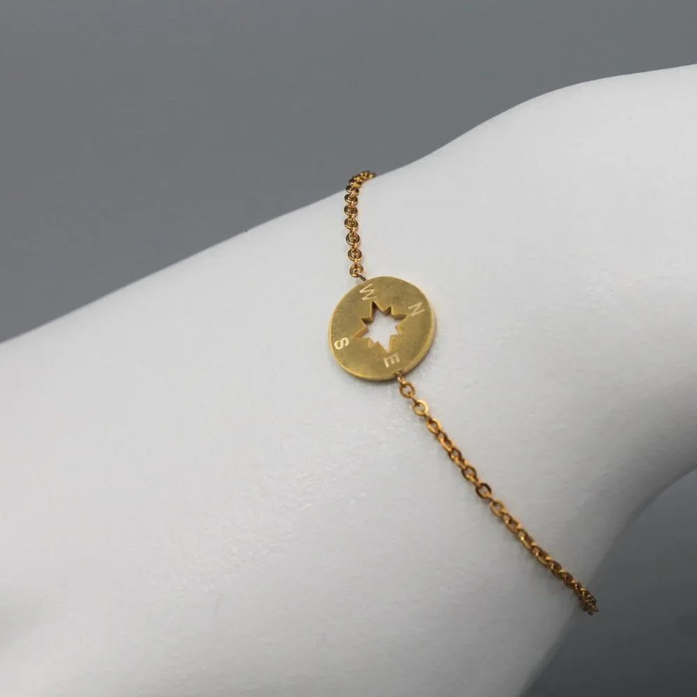 Jewelry bracelet compass travel adventure yellow gold tone dainty minimalist new - Picture 3 of 8